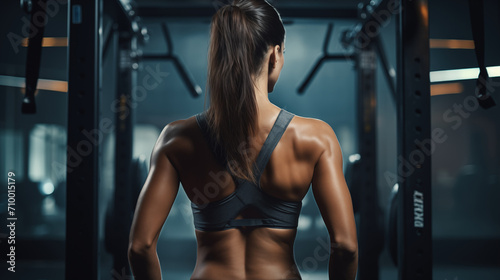 Close up of woman back with flexing her muscles in sweat on skin after workout. Female bodybuilder with perfect biceps in the gym, generative ai © OP38Studio