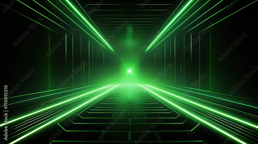 Fototapeta premium Abstract neon light geometric background. Glowing neon lines. Empty futuristic stage laser. Green rectangular laser lines. Square tunnel. Night club empty room.