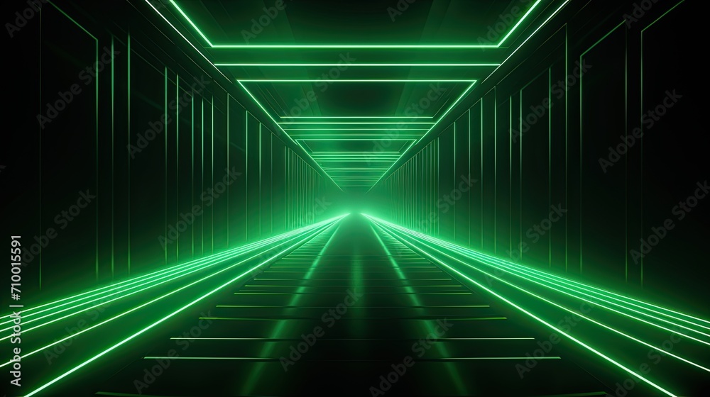 Abstract neon light geometric background. Glowing neon lines. Empty futuristic stage laser. Green rectangular laser lines. Square tunnel. Night club empty room. - obrazy, fototapety, plakaty 