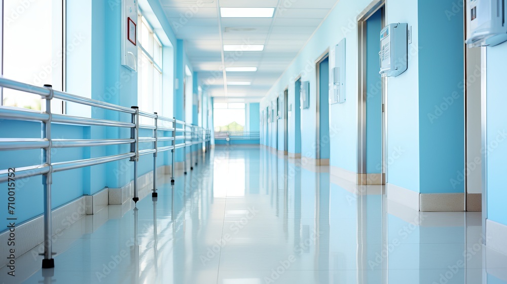 Fototapeta premium Modern hospital corridor with long exposure effect and blurred people in light blue and white tones