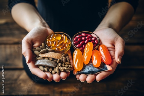 Woman s hand holding a vibrant array of food supplements for a healthy and balanced life