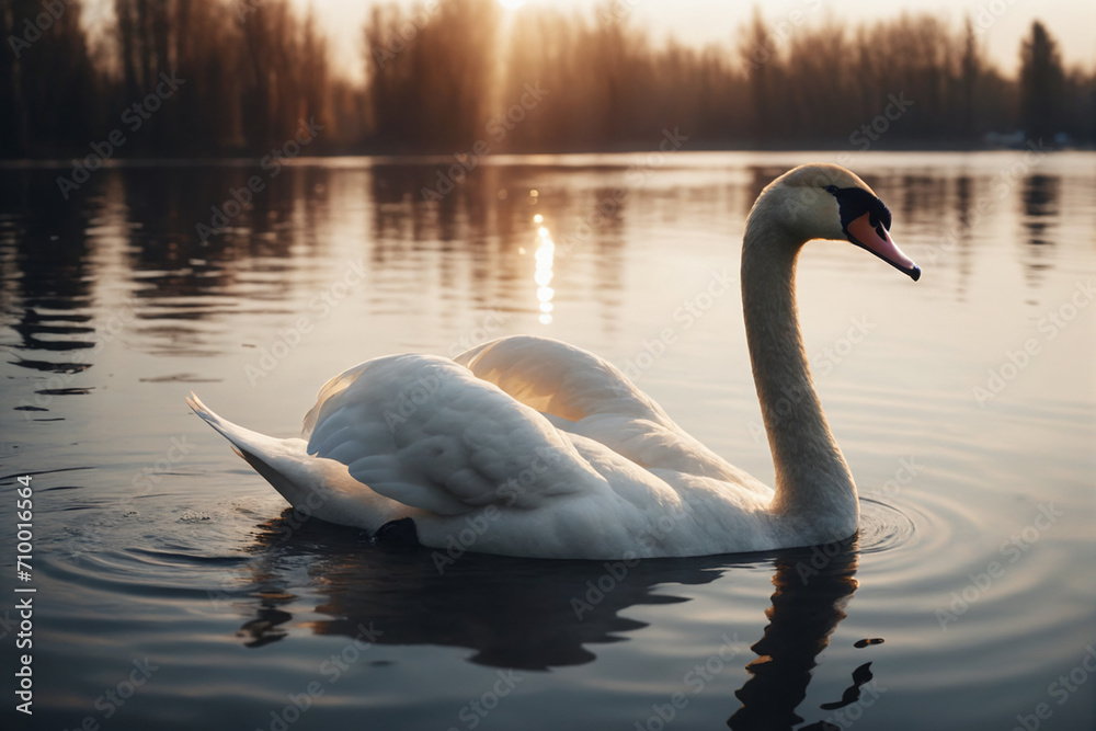 Fototapeta premium Swan on water, cinematic light