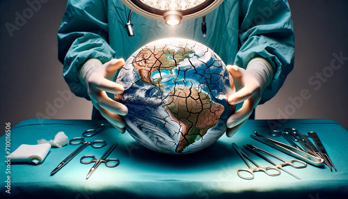 Critical Care for Earth: A Striking Visual Metaphor of the Planet in the Hands of a Surgeon  photo