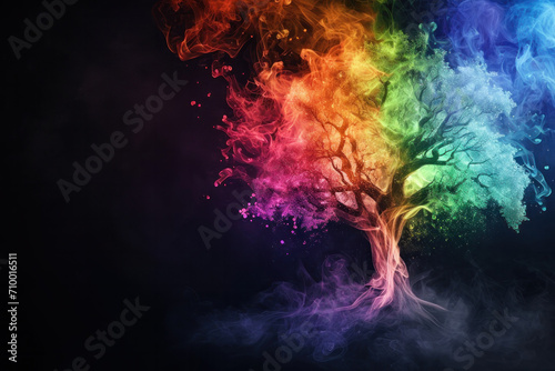 Tree life made of colourful smoke on a black background, family concept 