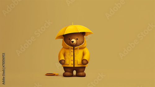 Cute brown bear in yellow raincoat with an umbrella. Vector illustration.