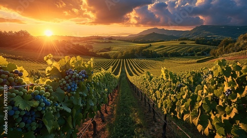 A panoramic view of a lush vineyard at sunset. Generative AI. photo