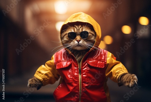 an cat wearing sunglasses and a colorful jacket, comical choreography