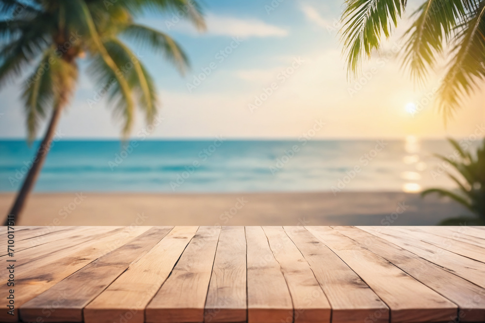 Top of wood table with seascape and palm tree, blur bokeh light of calm sea and sky at tropical beach background - obrazy, fototapety, plakaty 