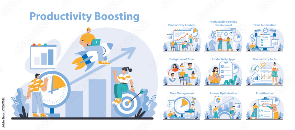 Productivity boosting set. Effective workflow optimization techniques. Teamwork dynamics, smart planning. Enhancing efficiency with technology. Flat vector illustration.