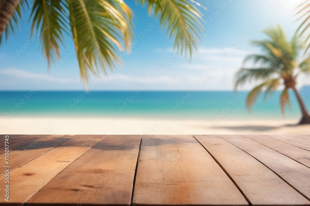 Top of wood table with seascape and palm tree, blur bokeh light of calm sea and sky at tropical beach background - Product showing