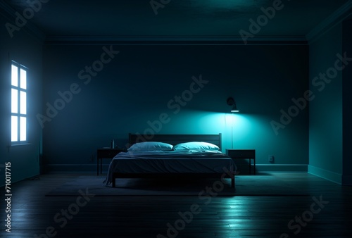 a blank bedroom filled with blue lights real chiaroscuro photo