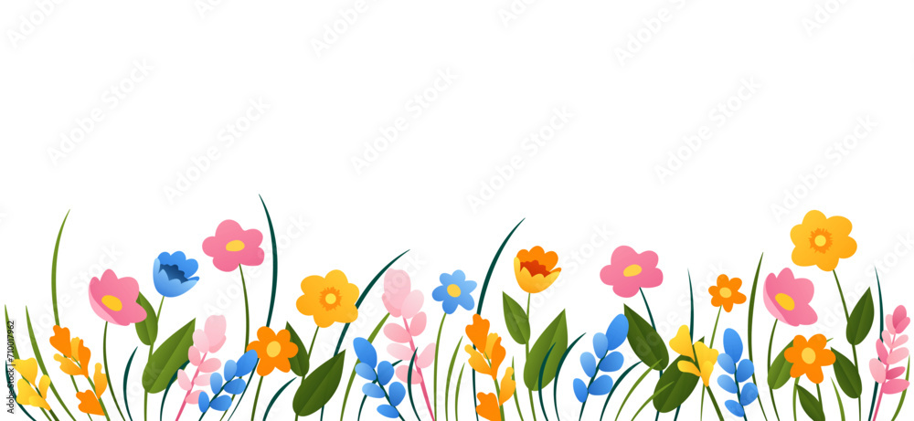 Horizontal cartoon banner with gorgeous multicolored blooming flowers, leaves border. Spring or summer botanical flat vector illustration on white background with empty space.