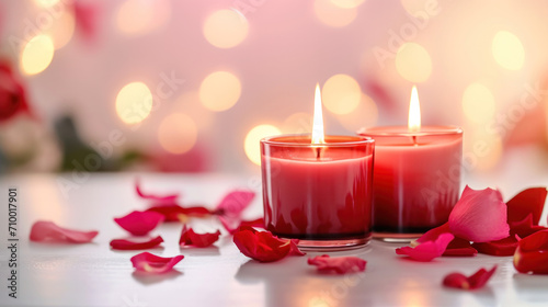 Romantic scene with burning candles and flowers  Romantic atmosphere  love concept  valentine s day banner 