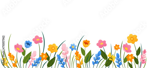 Horizontal cartoon banner with gorgeous multicolored blooming flowers, leaves border. Spring or summer botanical flat vector illustration on white background with empty space.