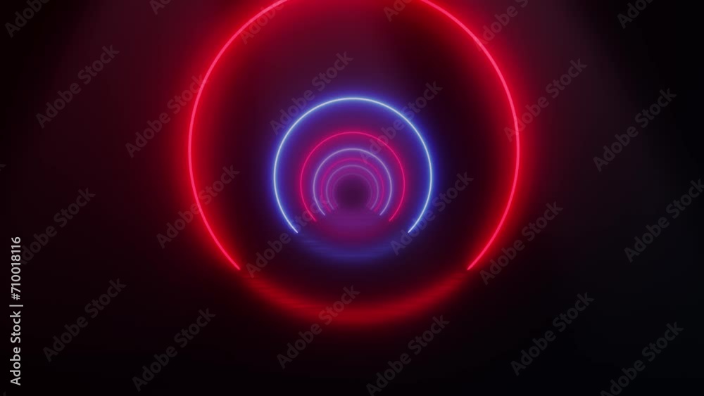 neon infinite tunnel endless loop, 3d travelling animation, circle shapes glowing red blue