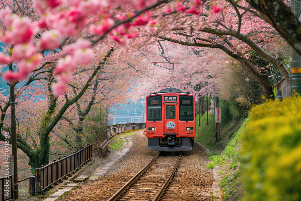 Naklejka premium Japanese Kyoto local train traveling on rail tracks with flourishing cherry blossoms along the railway in Kyoto