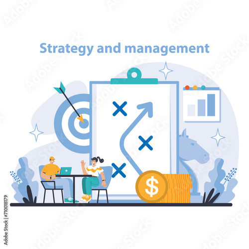 Strategy and management concept. Executives collaborate on goals, analyze financial growth. Targeting success, optimizing resources, charting progress. Flat vector illustration.