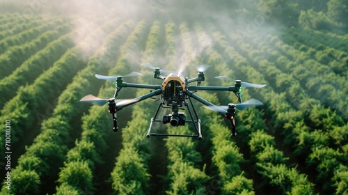An agricultural drone from above working over field, Fumigating spreading steam, Top view. Generative AI.