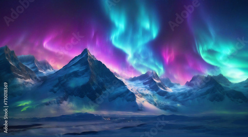 Aurora Borealis Mirage Mountains, Majestic mountain ranges where the northern lights manifest as breathtaking mirages. ai generative © Big