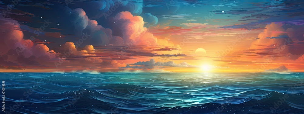 Fantasy sunset over ocean or sea. Beautiful sky Fantasy sunset over ocean or sea. Beautiful sky