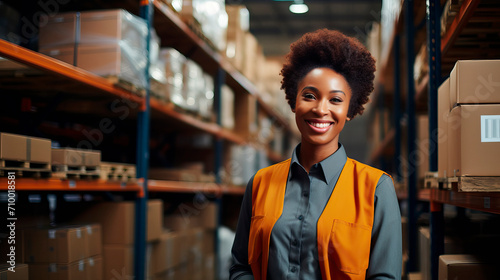 Professional loader is African-American woman in warehouse with boxes of goods on shelves. Smiling uniformed loader demonstrates his willingness and enthusiasm to do his job. Logistics and delivery