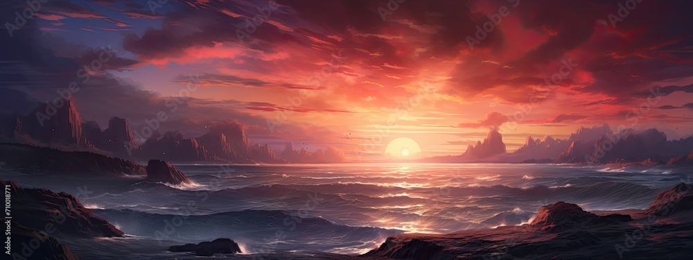 Fantasy sunset over ocean or sea. Beautiful sky