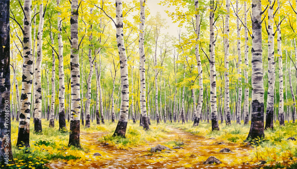 Fototapeta premium Tranquil Autumn Forest with Birch Trees and Sunlight