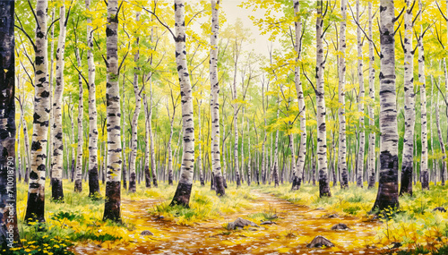 Tranquil Autumn Forest with Birch Trees and Sunlight