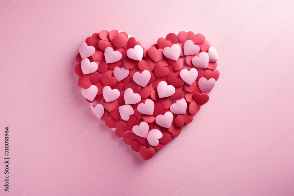 A lot of pink and red hearts arranged in one big heart, valentine's day background, top view, copy space 
