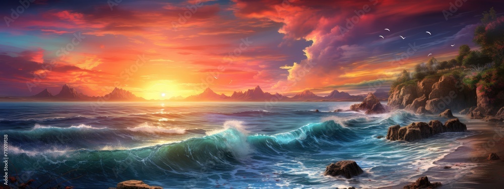 Fototapeta premium Fantasy sunset over ocean or sea. Beautiful sky