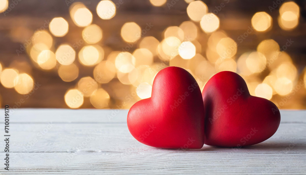 Valentines day background with two red hearts on white wooden table Valentines day background with two red hearts on white wooden table