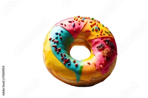 Closeup Rainbow Donut isolated. Break time with Doughnut top view on white background. Food photography concept 