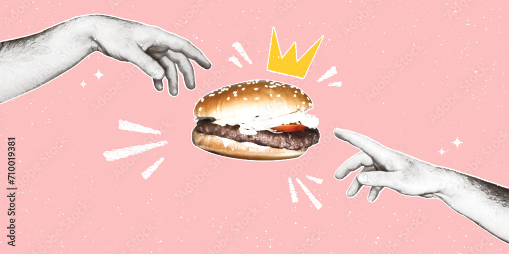 Male hands reach for a burger with a crown. Modern pop art illustration of fast food with halftone effect in retro collage style. - obrazy, fototapety, plakaty 