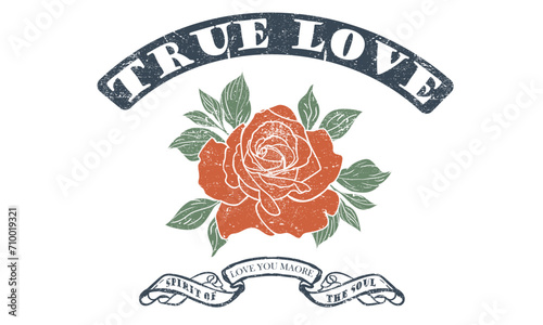 True love with rose flower graphic print.  Rock and roll vector graphic print design for apparel, stickers, posters, background and others.  Love you more. Valentine artwork. 