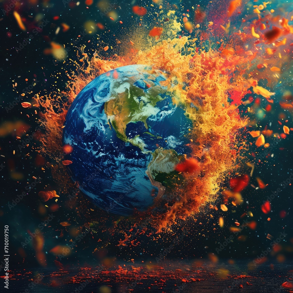 Earth from space exploding with colorful wonderful things like love beauty joy party attractive fun happiness, What a wonderful world, The joy of the world. Generative AI.