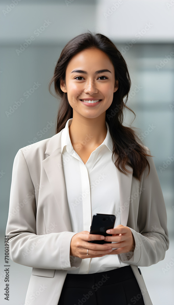 young businesswoman holding a smartphone. Generative AI young businesswoman holding a smartphone. Generative AI