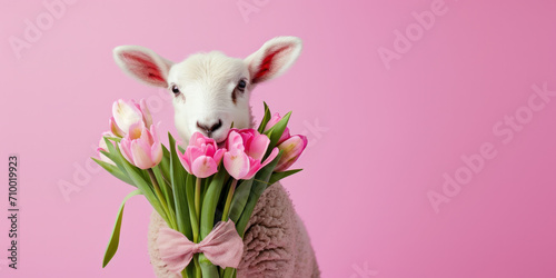 Lamma with tulips bouquet on a pink background, spring time banner 