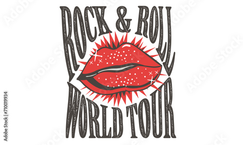 Lip hand sketch. Rock music poster design. Rock and roll vintage print design. Retro artwork for apparel,  posters, background and others. Rock world tour artwork. Retro music vintage artwork.