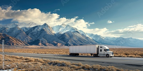 a white truck carries goods against the backdrop of mountains Generative AI