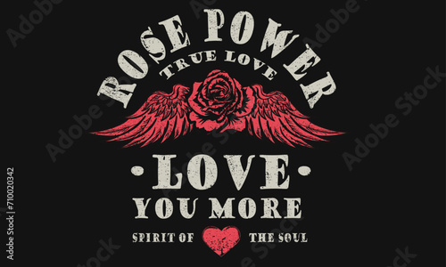 Rose power. True love with rose flower graphic print.  Rock and roll vector graphic print design for apparel, stickers, posters, background and others.  Love you more. Valentine artwork. Eagle wing.
