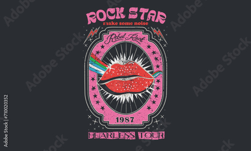 Rock world tour artwork. Retro music vintage artwork. Lip hand sketch. Rock music poster design. Rock and roll vintage print design. Retro artwork for apparel,  posters, background and others.