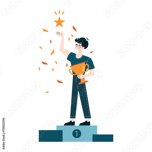 Achievement in business concept. A jubilant person with a trophy atop a winner's podium, celebrating success. Confetti accentuates the festive mood. Flat vector illustration photo