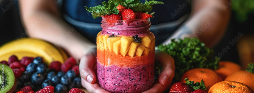 Hands holding a glass jar with bright layers of fruit smoothie, Surrounded by fresh fruits and vegetables on a wooden stand. Generative AI.