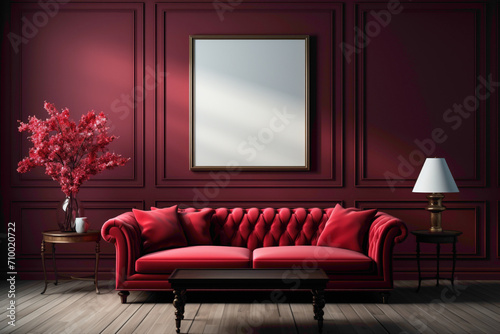 Envision a tranquil space featuring a red sofa and a suitable table, set against an empty blank frame, creating a perfect canvas for your text.