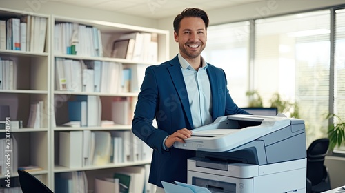 Smiling man working in office with printer. Office worker prints paper on multifunction laser printer. Secretary work. Copy, print, scan, and fax machine photo