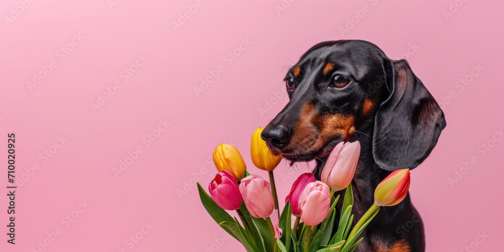 Dachshund dog with tulips bouquet on a pink background, spring time banner 