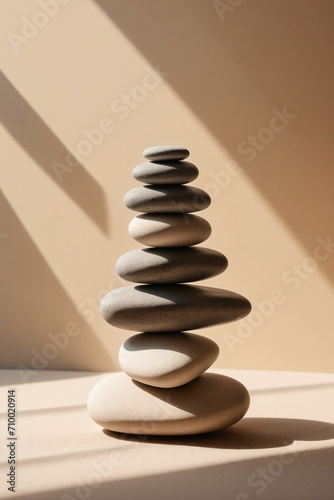 Zen stone composition on a beige background with shadow and sunlight. Balanced stacks of stones evoke tranquility and meditative state