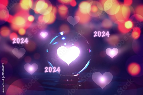 2024 valentine day Love and Hope Concept Through Crystal Ball : A crystal ball projects a heart symbol and the year 2024, against a backdrop of colorful bokeh lights, evoking feelings of love 