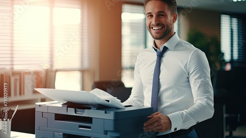 Smiling man working in office with printer. Office worker prints paper on multifunction laser printer. Secretary work. Copy, print, scan, and fax machine photo