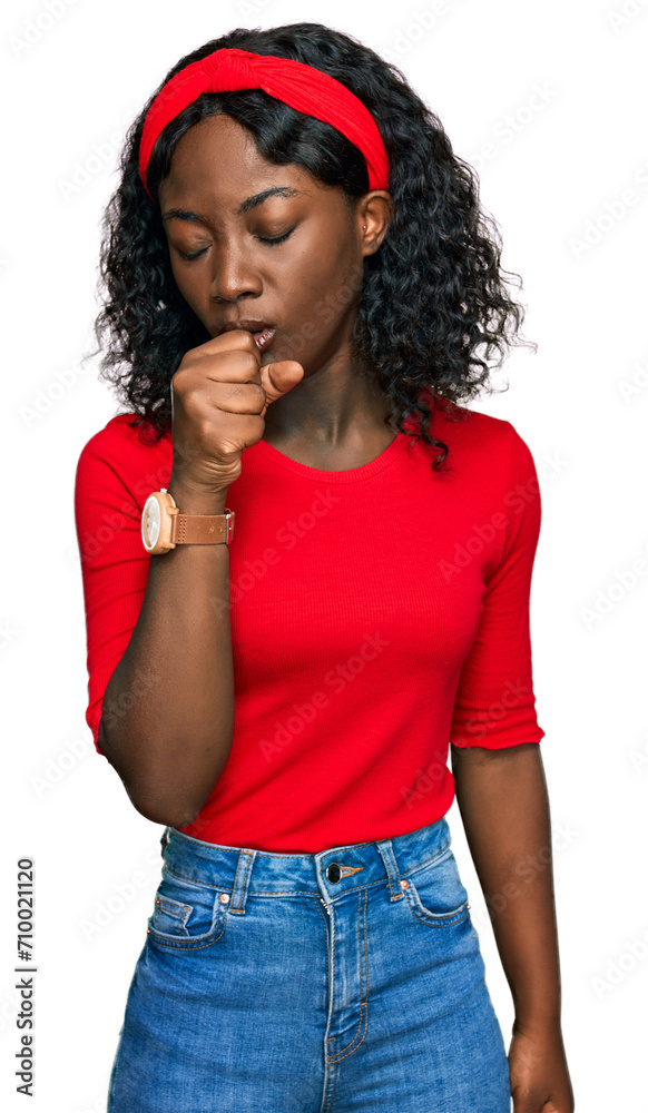 Beautiful african young woman wearing casual clothes feeling unwell and coughing as symptom for cold or bronchitis. health care concept.